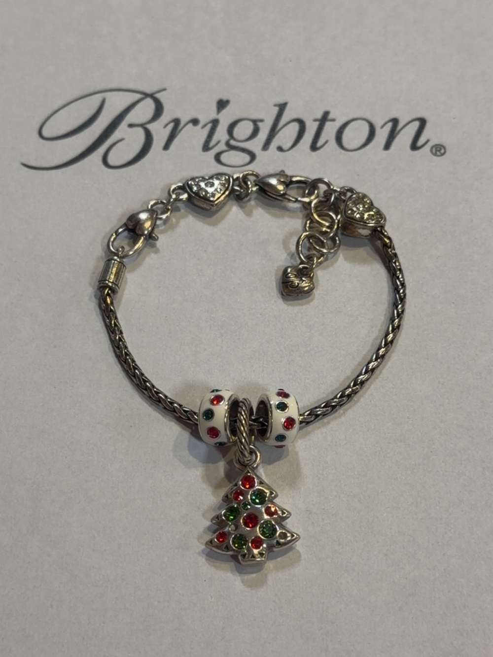🎄Brighton Christmas Tree SWAROVSKI CRYSTAL SILVER Heart Charm Bracelet!